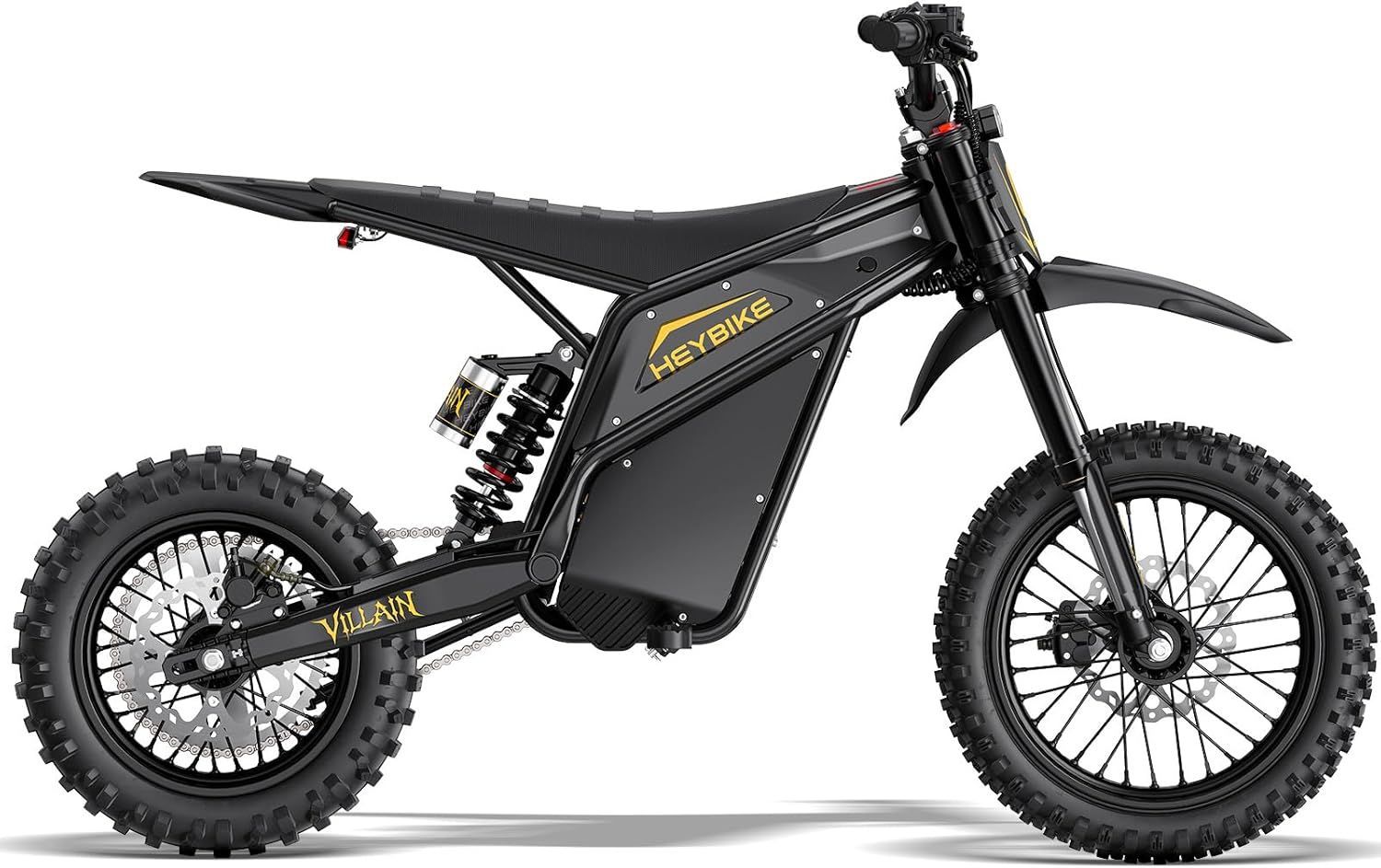 Yellow and black off-road electric dirt bike on a white background