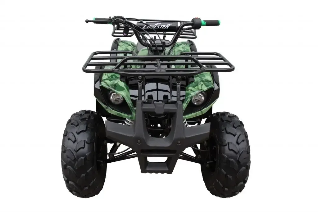 Green camouflage ATV front view with black cargo rack and large off-road tires