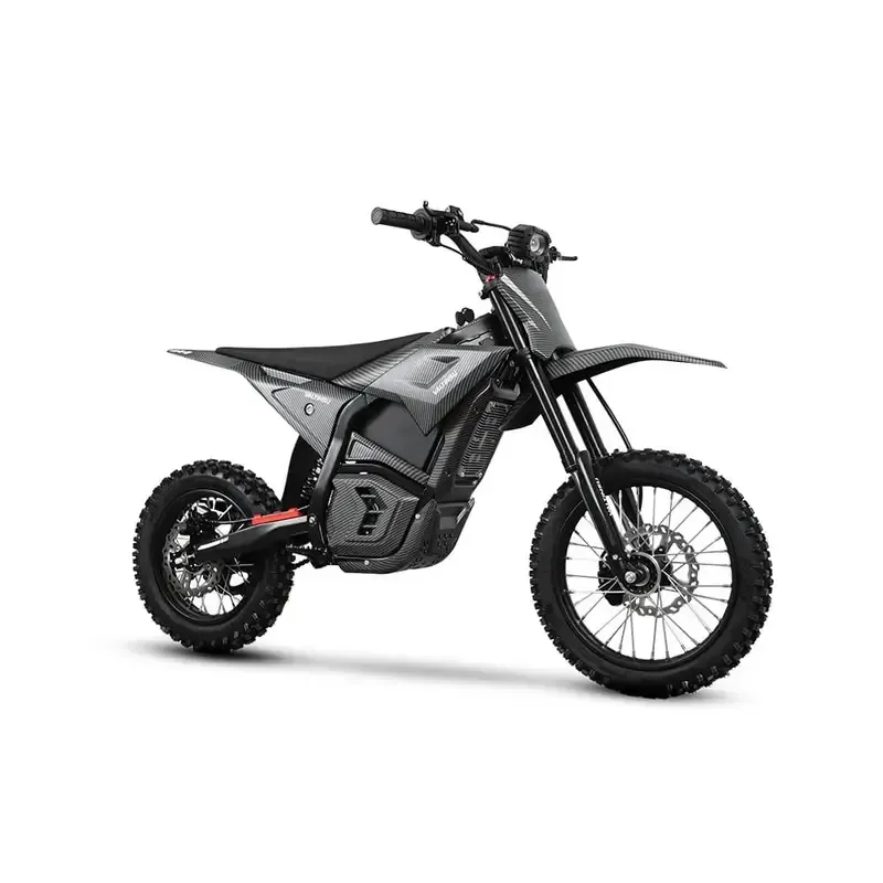 Black off-road electric dirt bike on a white background, shown in side view.