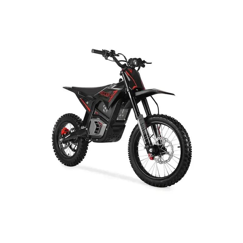 Red and black electric dirt bike on a white background.