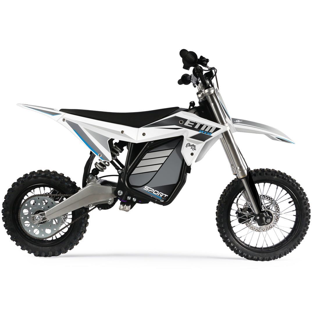 White and black off-road dirt bike in side view on a white background