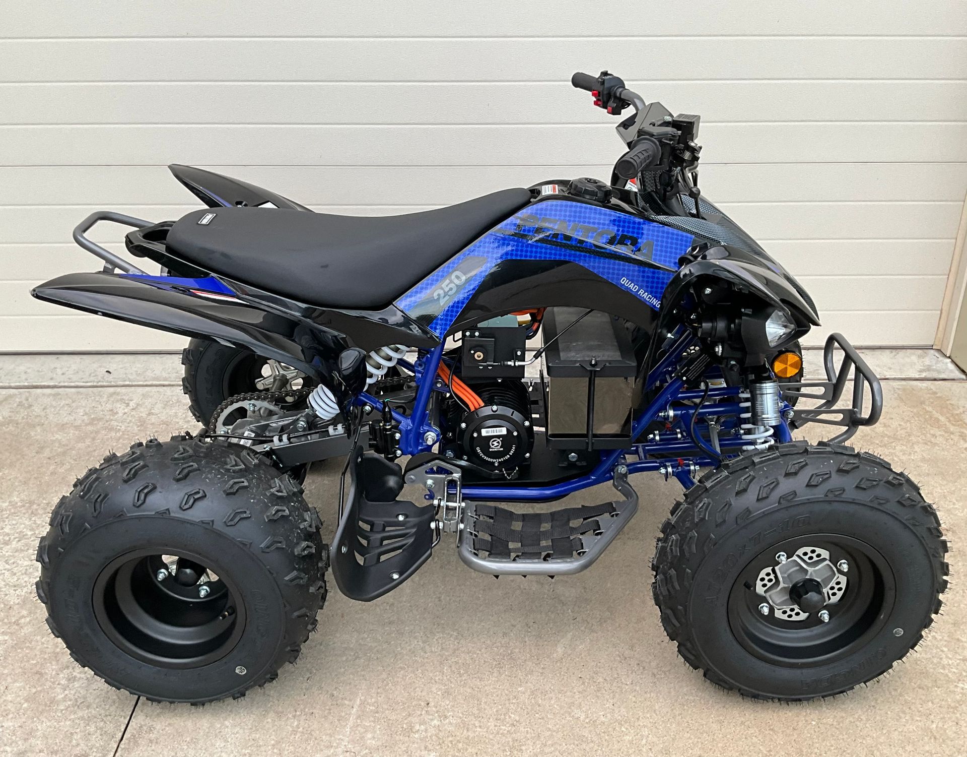 Blue and black ATV with oversized off-road tires parked in front of a garage door