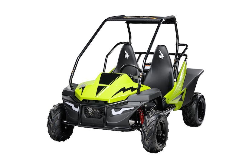 Lime green and black off-road utility vehicle with roll cage and two seats on a white background