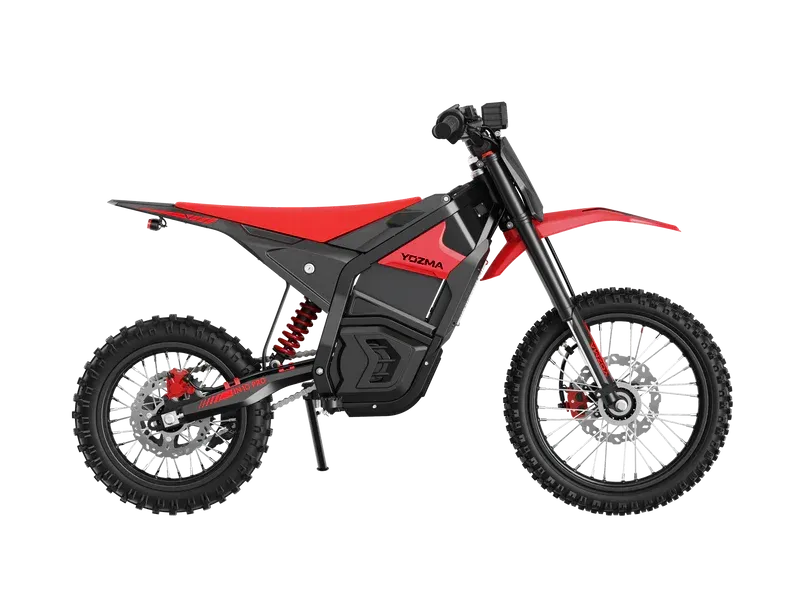 Red and black electric dirt bike on a white background
