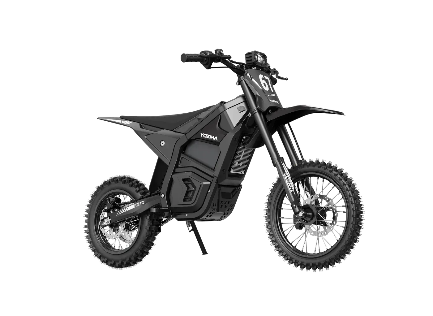 Black off-road electric dirt bike on a white background, shown in side view.