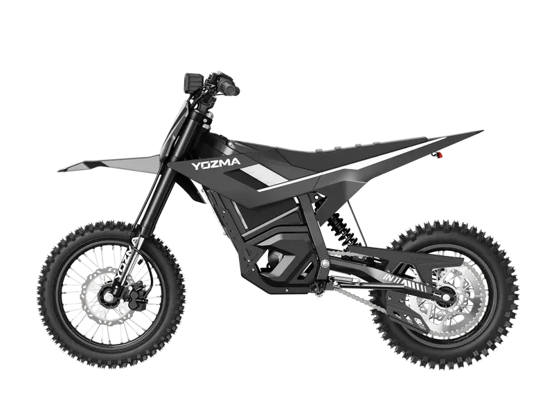 Black off-road electric dirt bike on a white background, shown in side view.