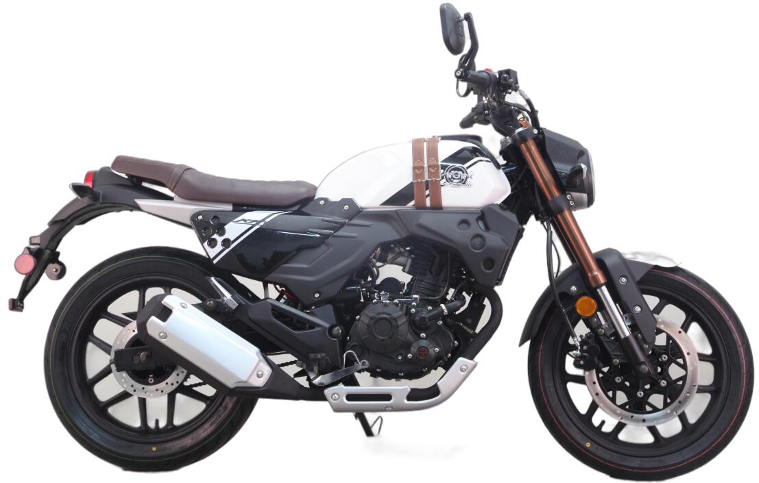A black and white motorcycle on a white background