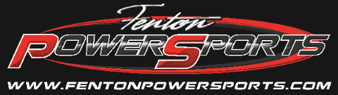 Fenton Powersports logo in red, white, and black with website URL on a black background