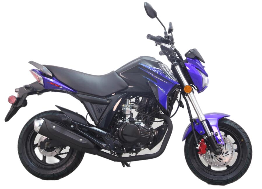 A blue and black motorcycle is parked on a white background.