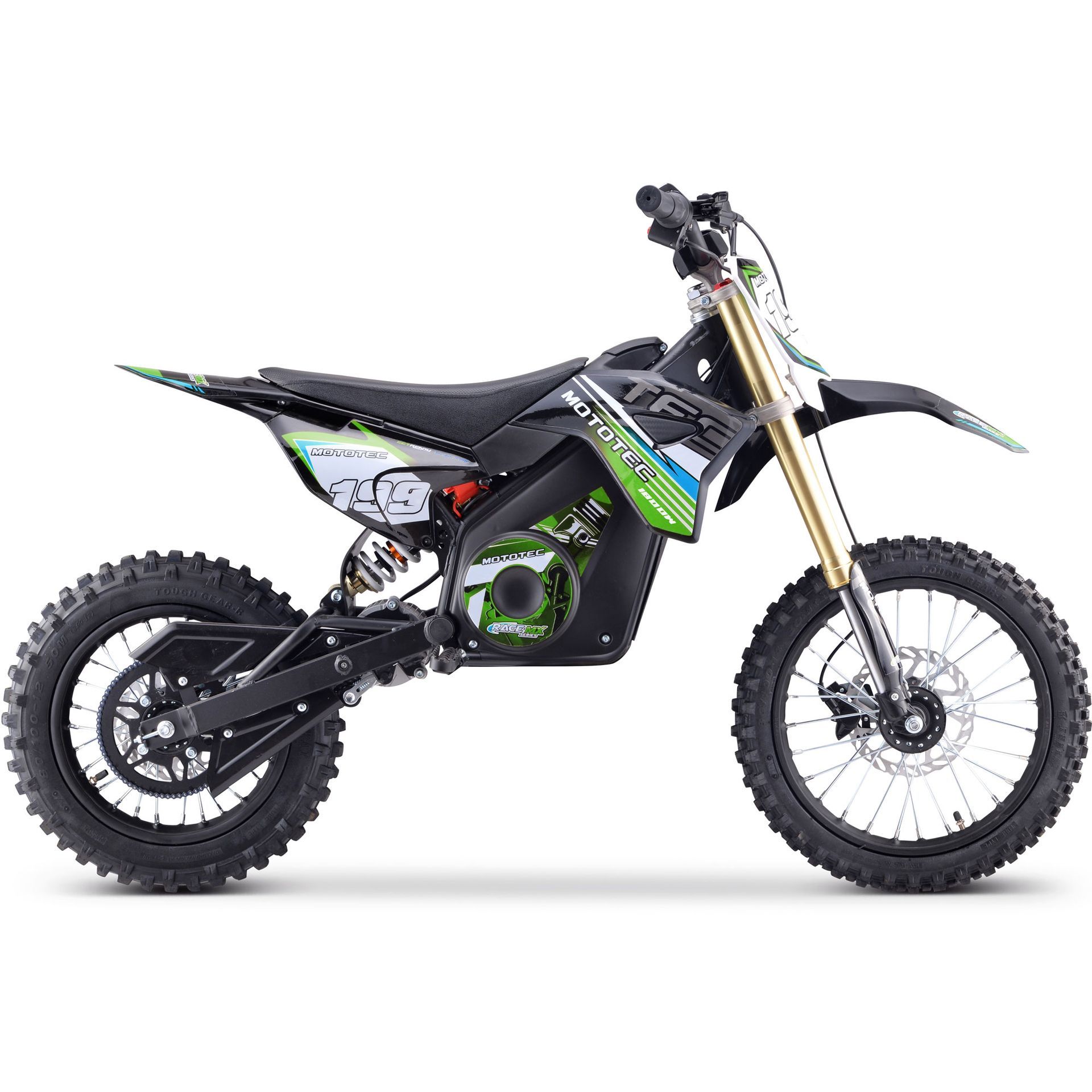 Black and green off-road dirt bike with knobby tires on a white background