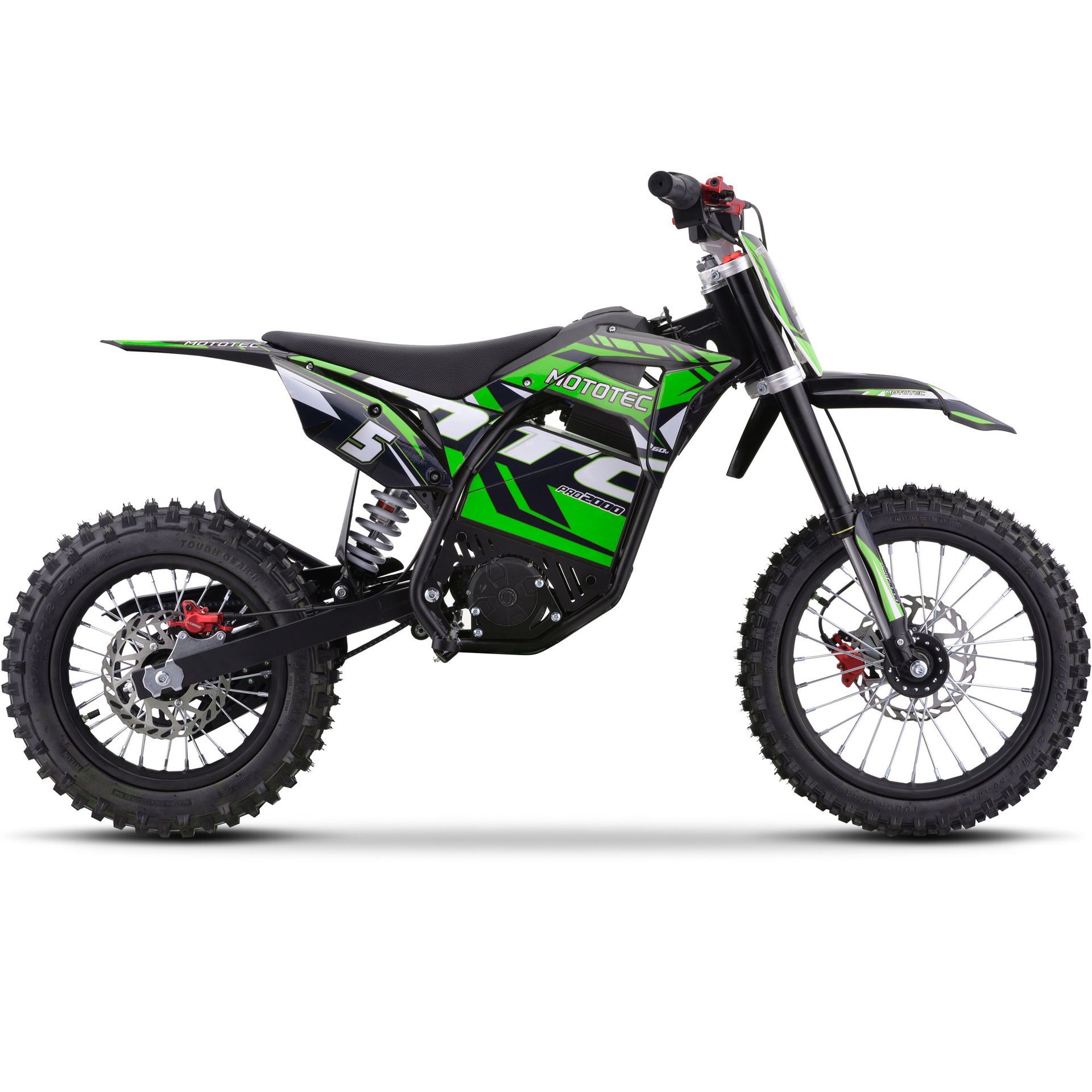 Black and green off-road dirt bike on a white background