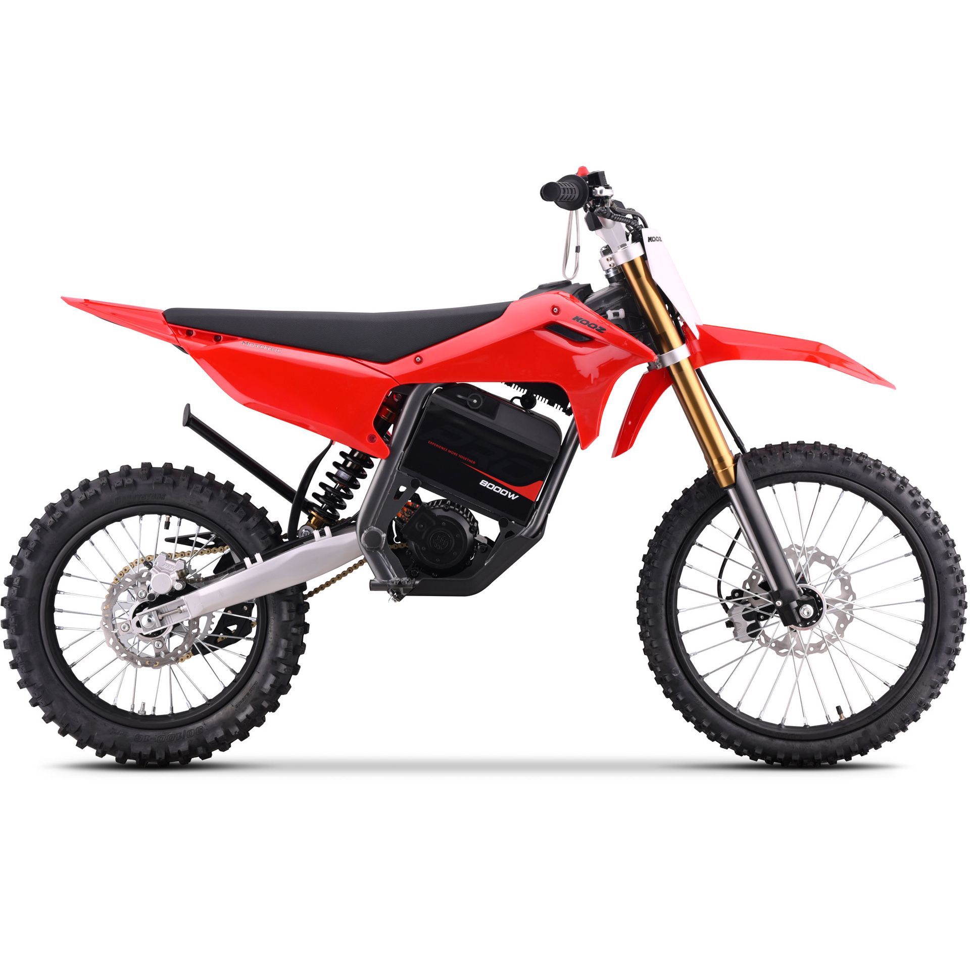 Red off-road dirt bike with black seat and knobby tires, shown in profile on a white background