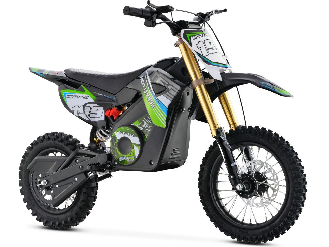 Black and green electric dirt bike with gold front forks on a white background