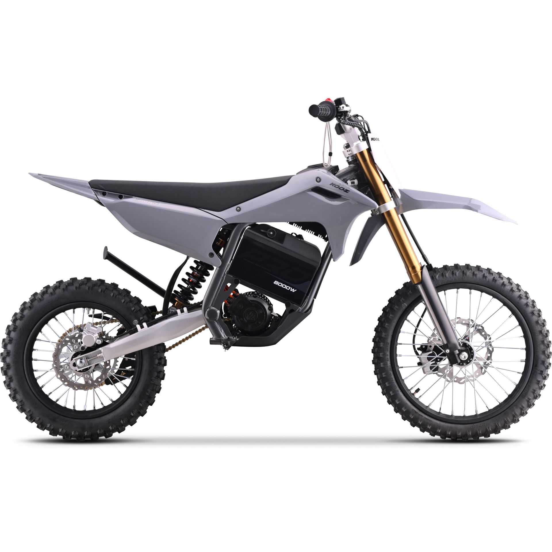 Black and gray off-road dirt bike with knobby tires on a white background