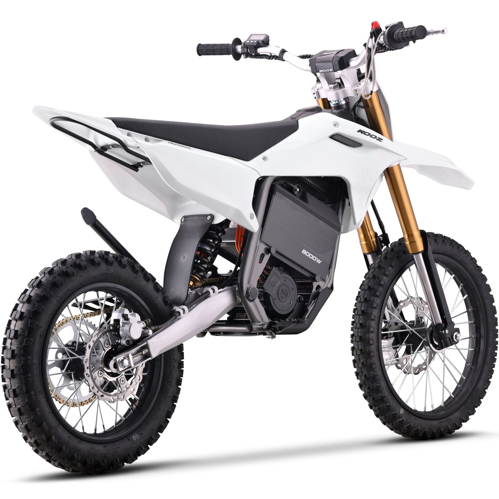 White off-road electric dirt bike with knobby tires and gold front forks on a white background