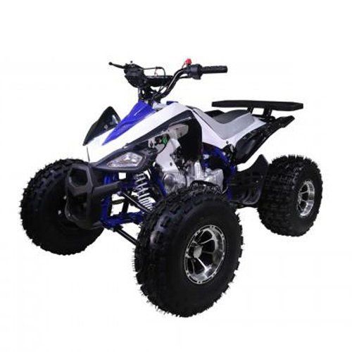 Blue and white all-terrain quad bike with large knobby tires on a white background