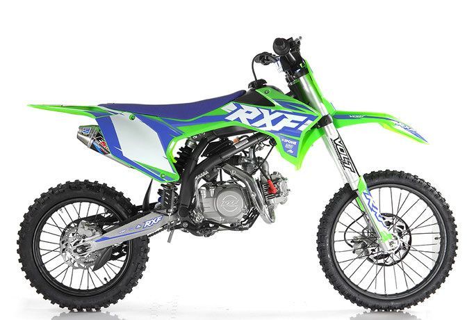 Green and blue dirt bike on a white background, side view