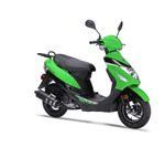 A green scooter is parked on a white background.