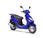 A blue scooter is parked on a white background.