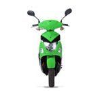 The front of a green scooter on a white background.