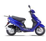A blue scooter is shown on a white background.