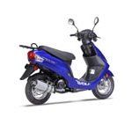 A blue scooter is shown on a white background.