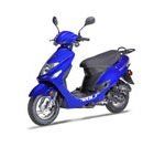 A blue scooter is sitting on a white surface.