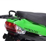 A green motorcycle with a black seat and a red tail light on a white background.