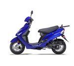 A blue scooter is shown on a white background.