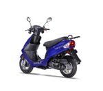 The back of a blue scooter on a white background.