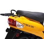 A yellow scooter with a black seat and a rear rack.