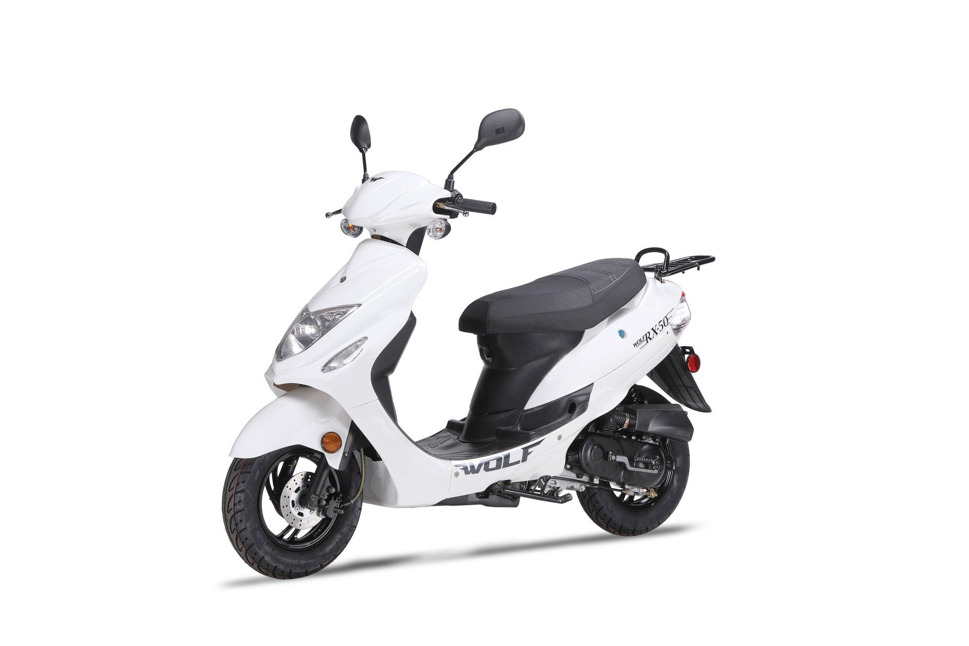 A white scooter is parked on a white background.