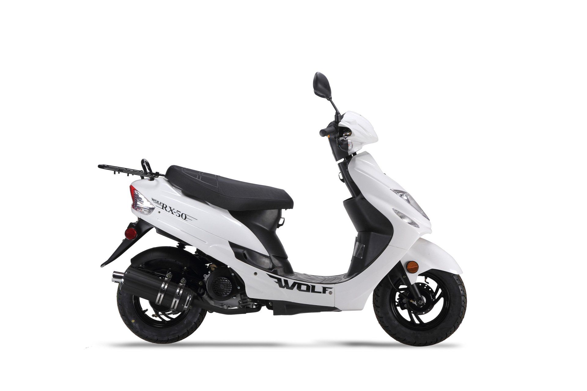 A white scooter is parked on a white background.