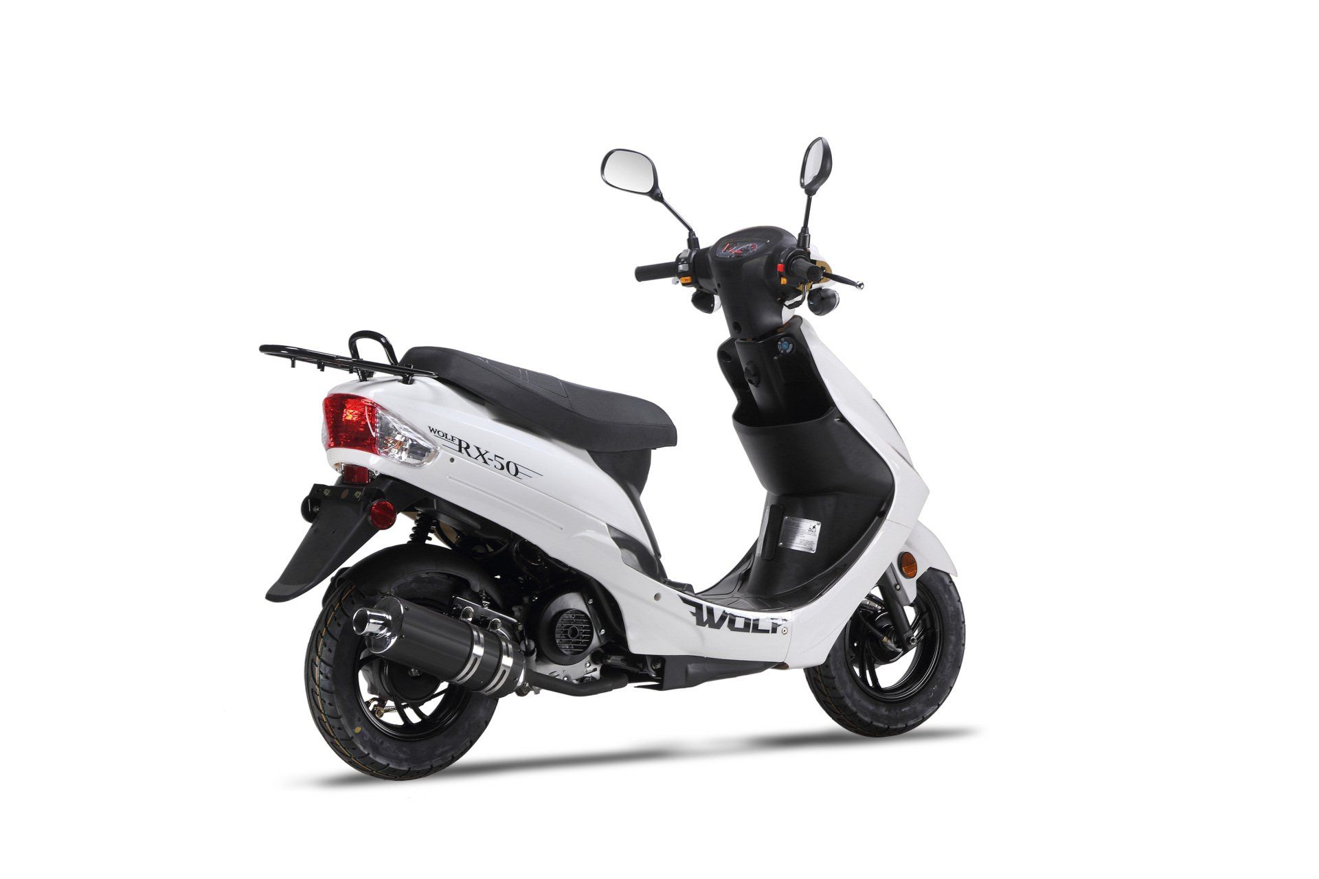 A white scooter is sitting on a white surface.