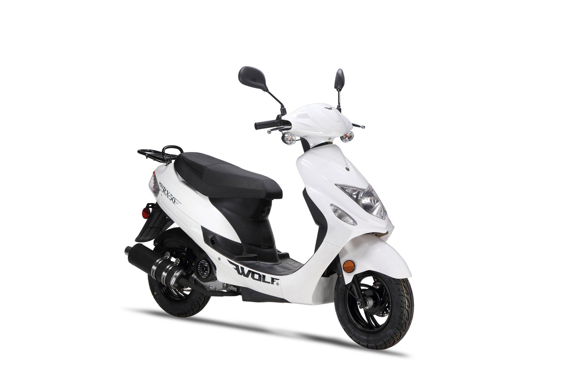 A white scooter is parked on a white background.