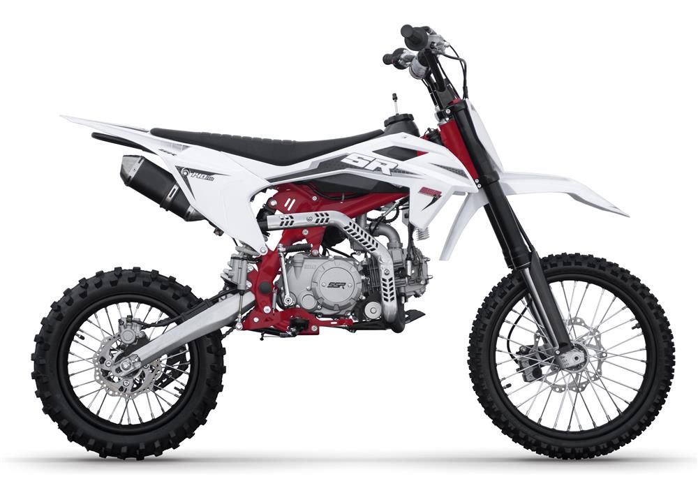 White and red dirt bike in side view on a plain white background.