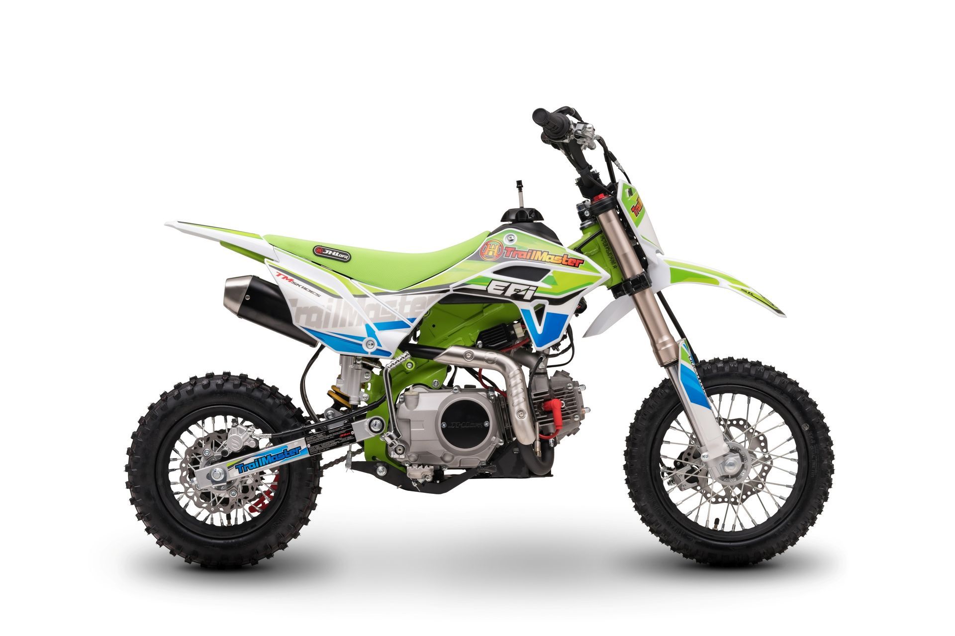 Green and blue dirt bike on a white background