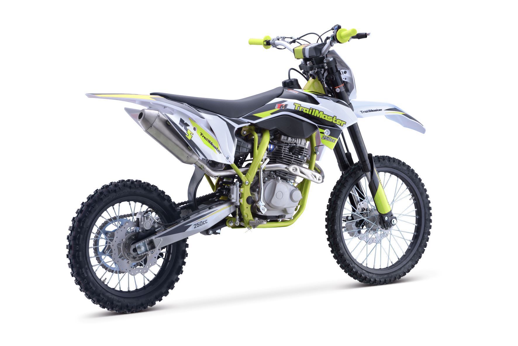 Off-road dirt bike with white, black, and neon green accents on a white background