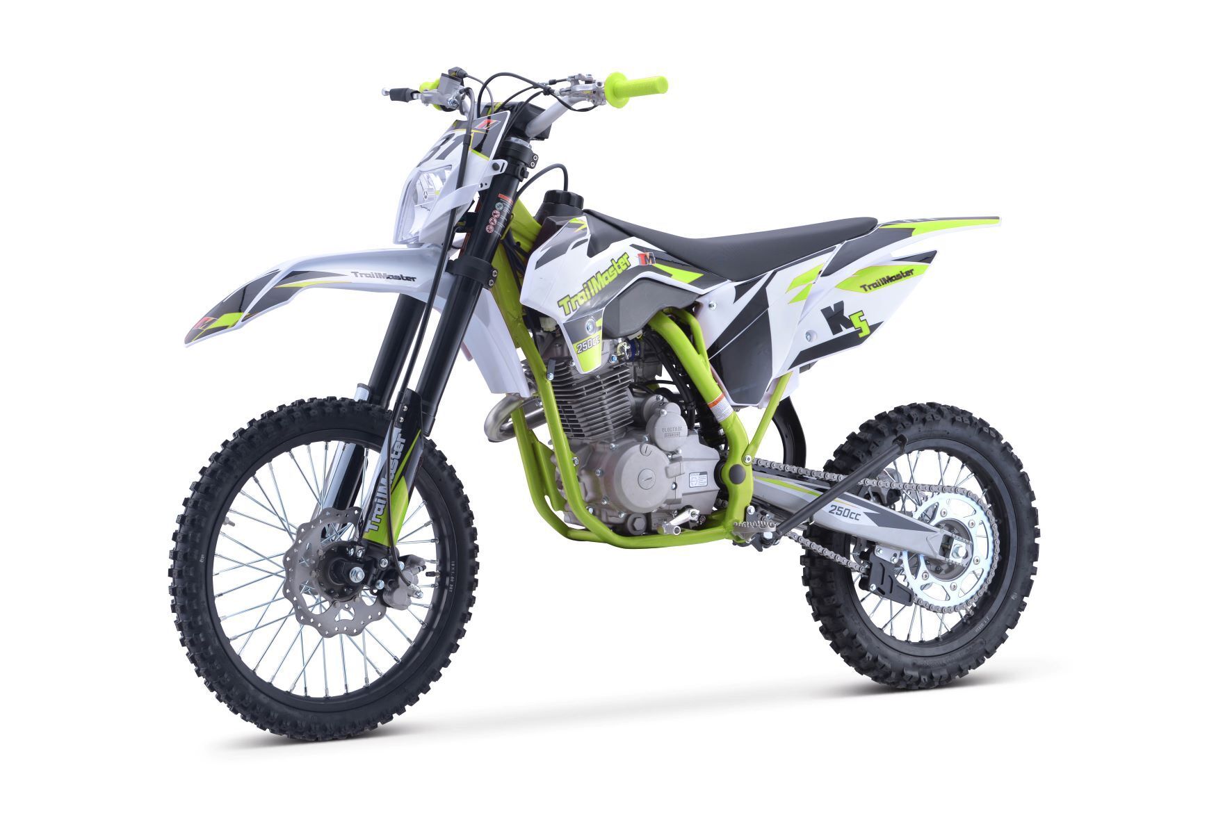 Green and white dirt bike on a white background