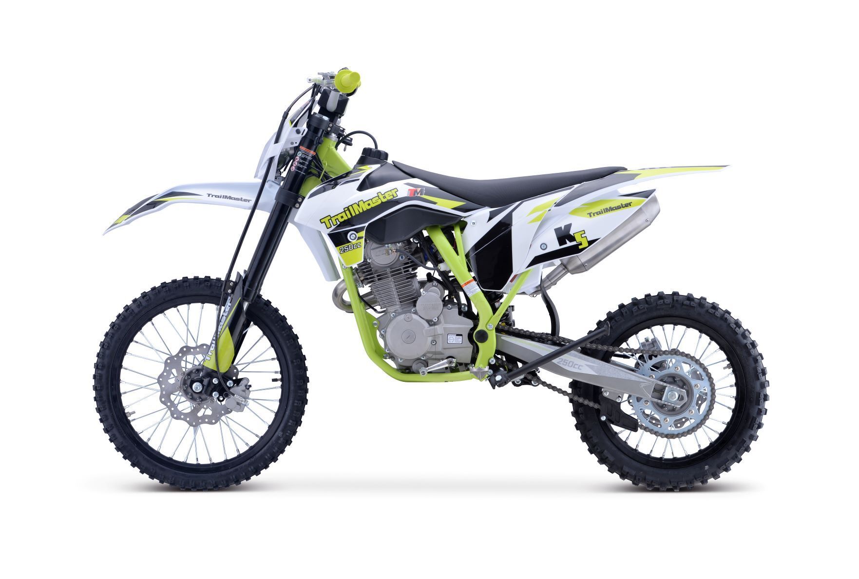 Side view of a white and lime dirt bike isolated on a white background