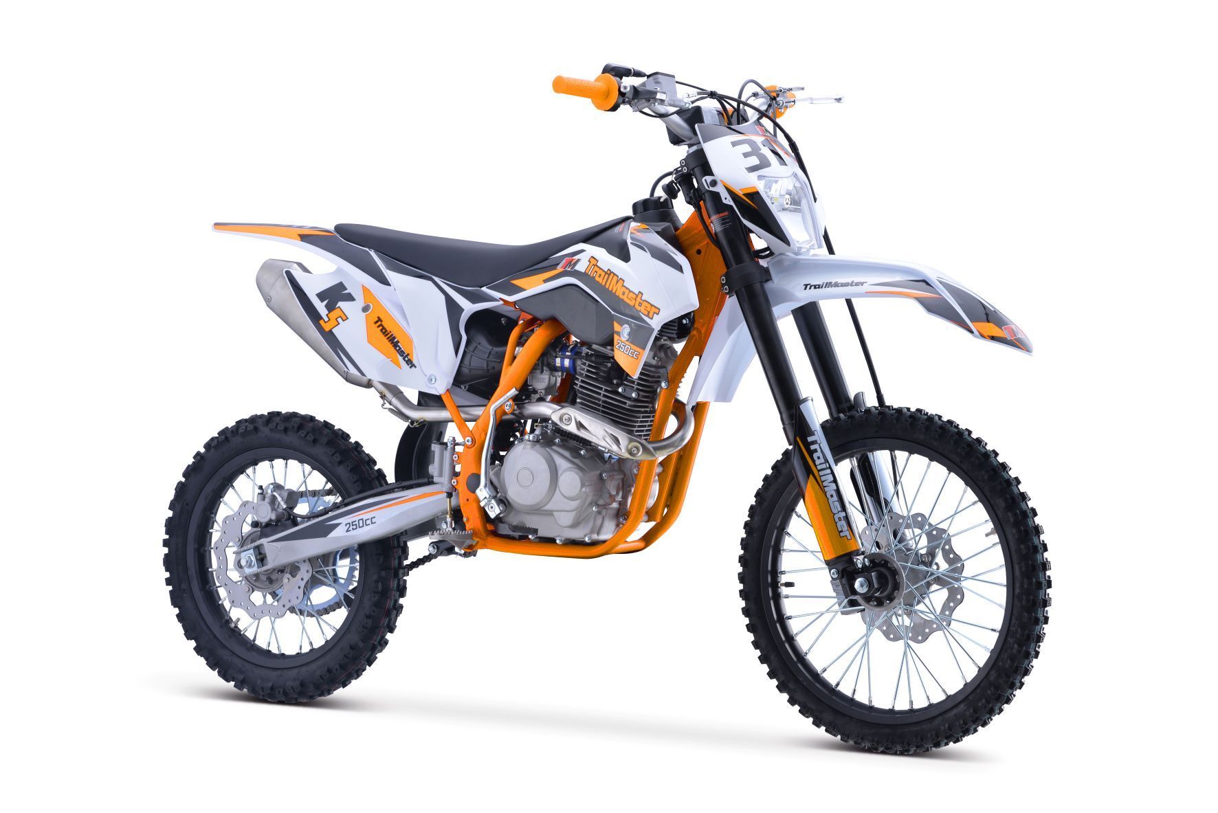 White and orange off-road dirt bike isolated on a white background
