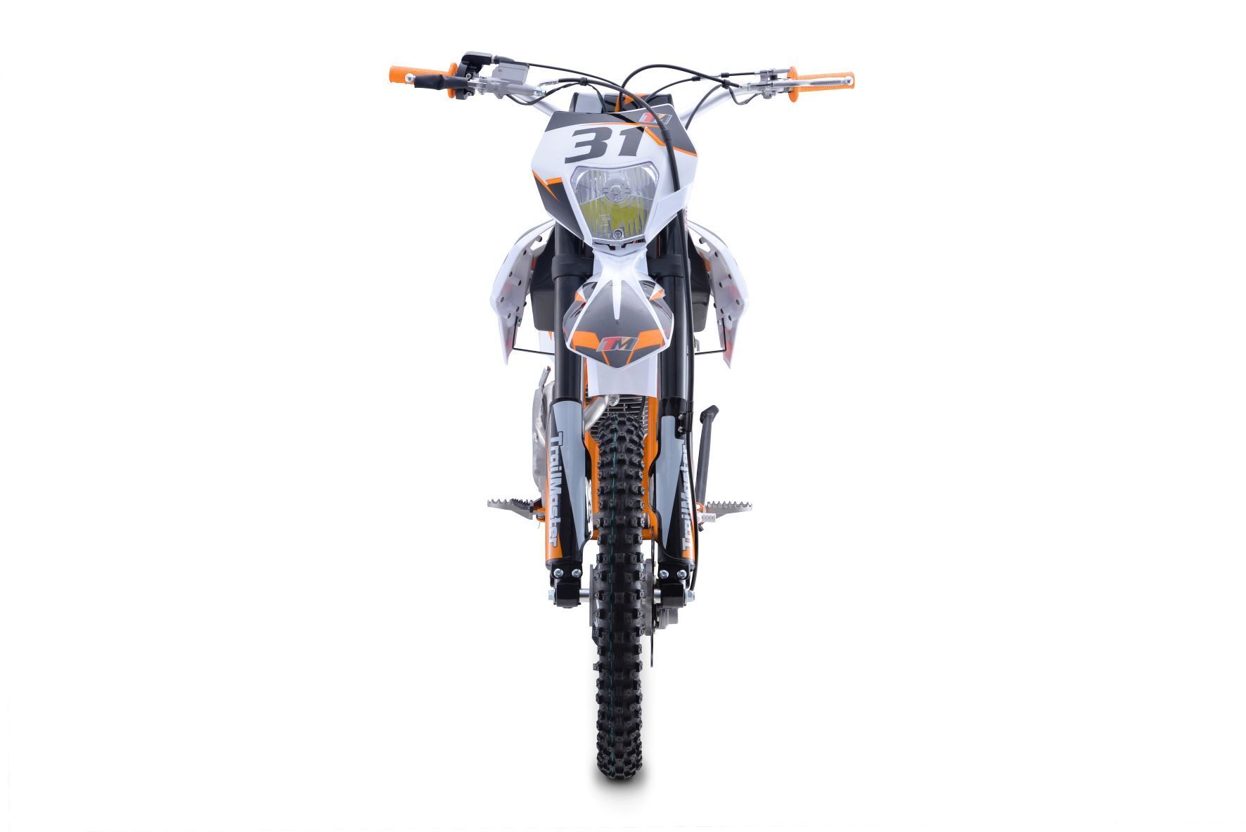 Front view of an orange and white dirt bike on a white background