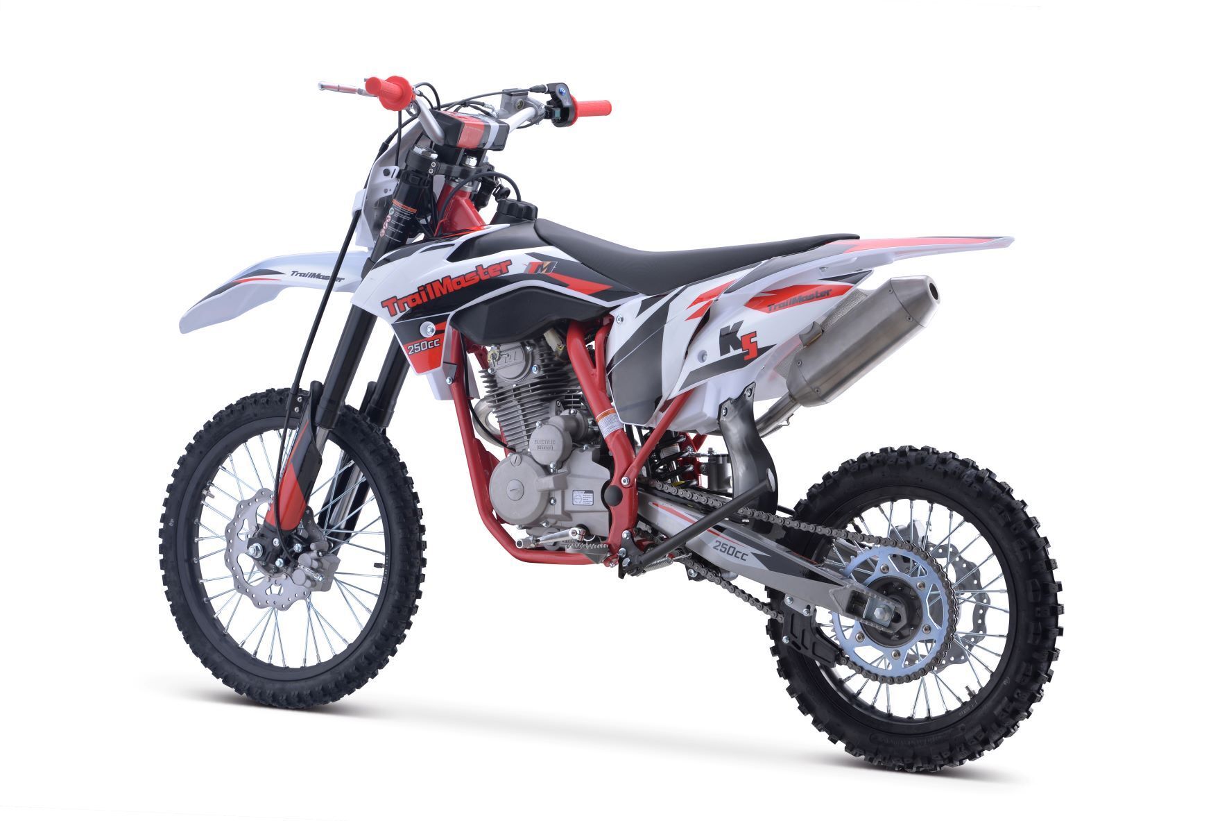 Red and gray off-road dirt bike on a white background