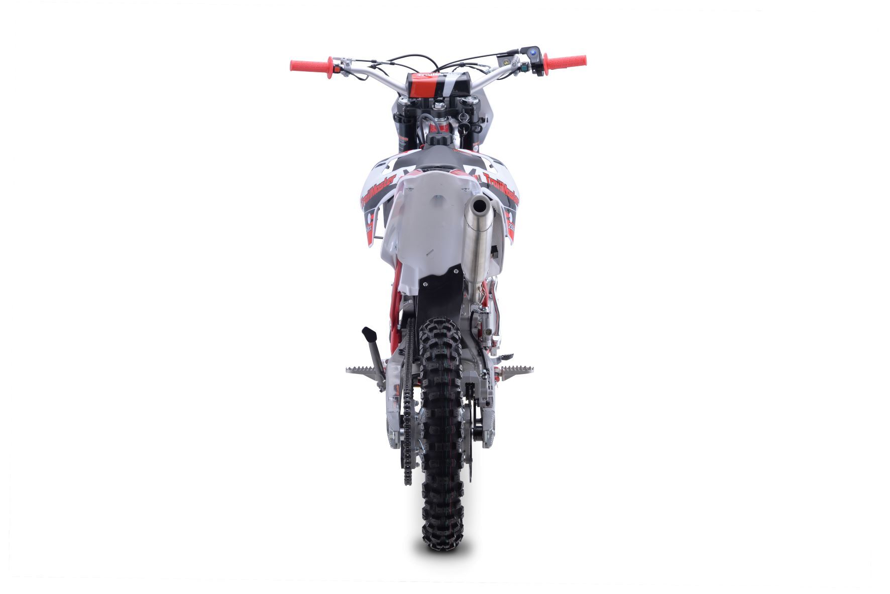 Front view of a red-and-white dirt bike on a white background