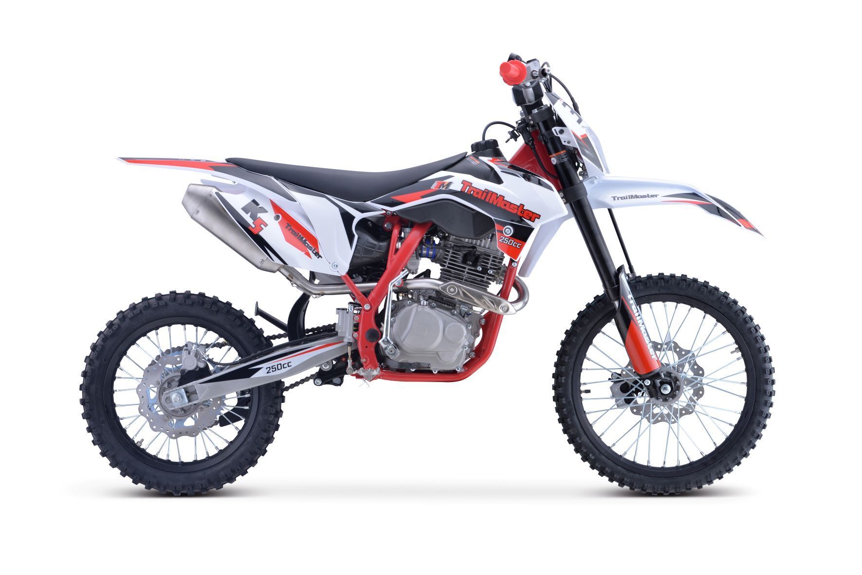 Red-and-white off-road dirt bike on a white background