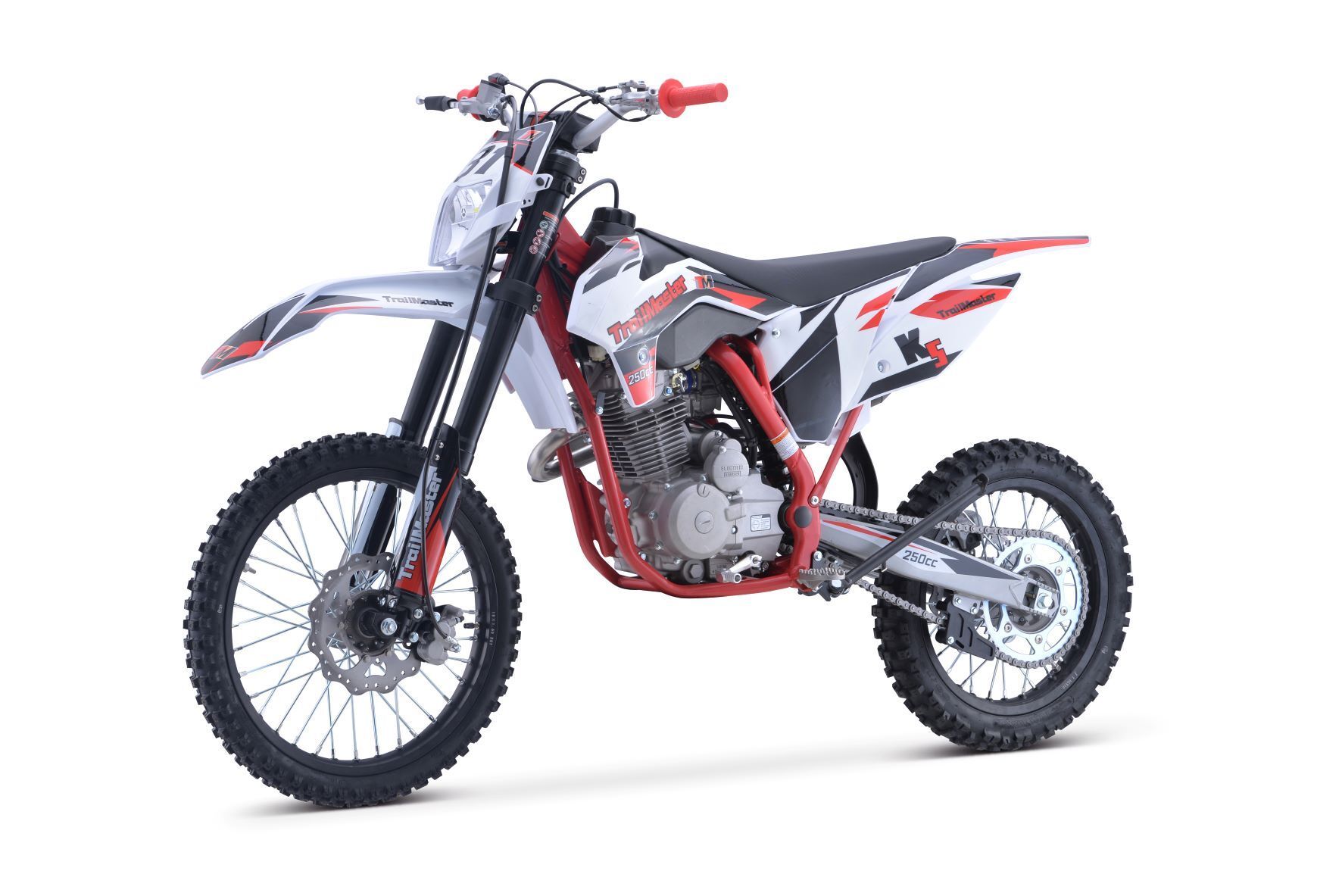 Red and white dirt bike on a white background, angled side view.