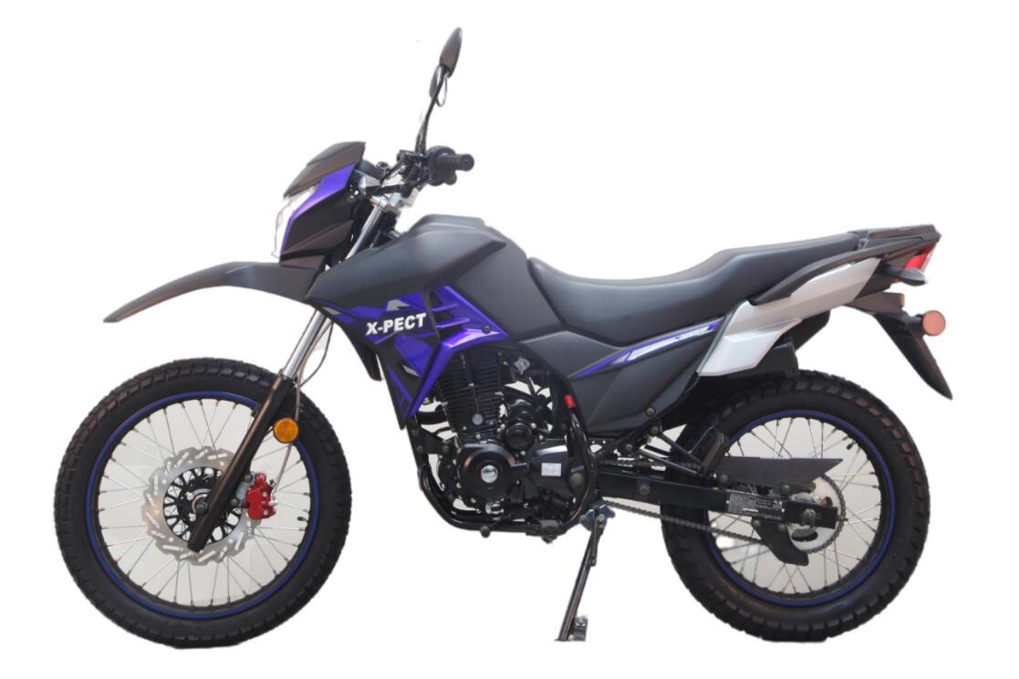 A blue and black motorcycle on a white background