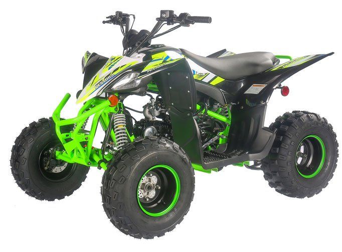 A green and black atv with green wheels on a white background.