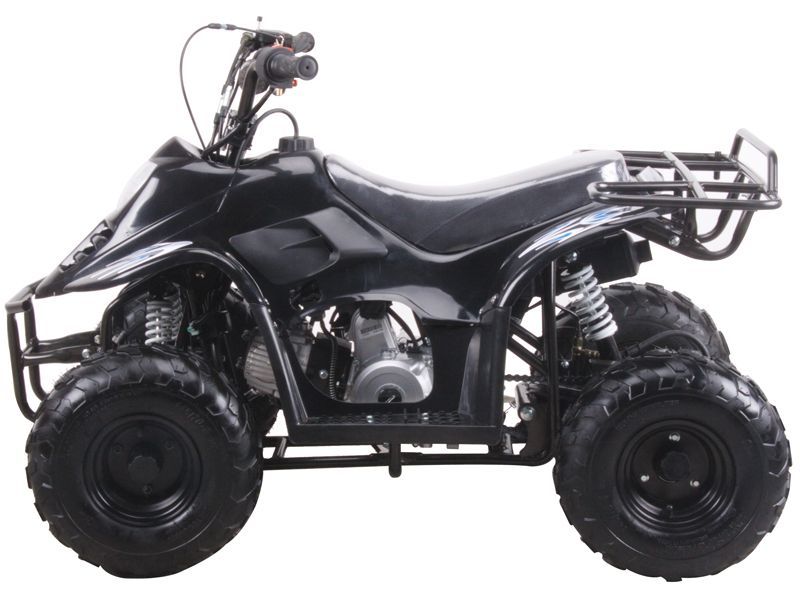 A black atv with four wheels on a white background
