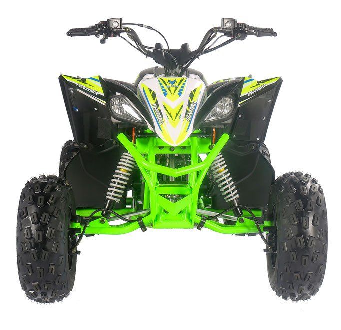 A green and yellow atv is sitting on a white background.